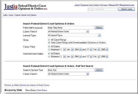 Screen shot of Justia Federal Court Opinions Database